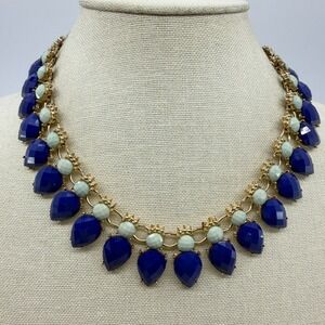 Statement Royal Blue & Mint Beaded Bib Necklace Gold Tone Festival Accessory